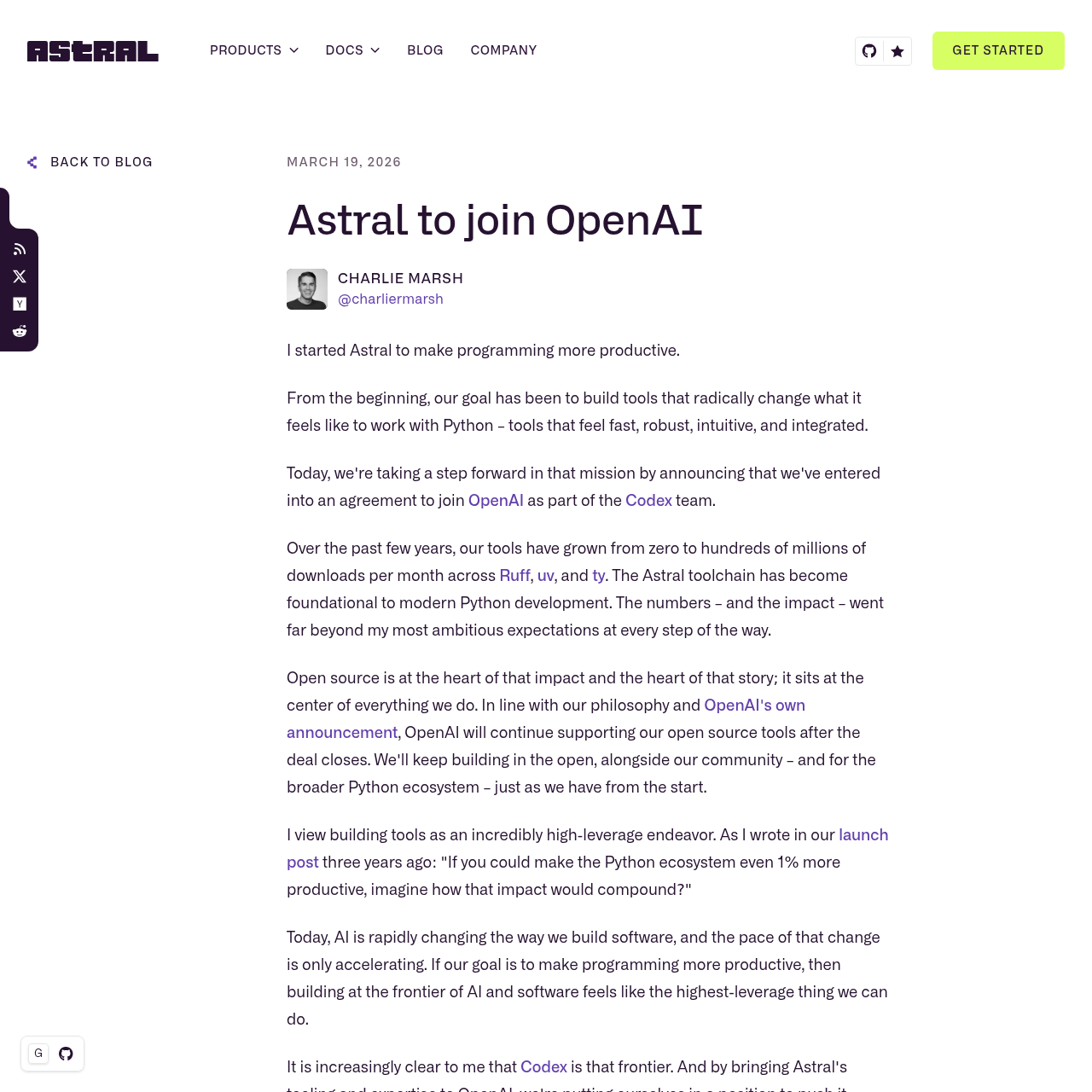 Блог-пост Astral об объединении с OpenAI