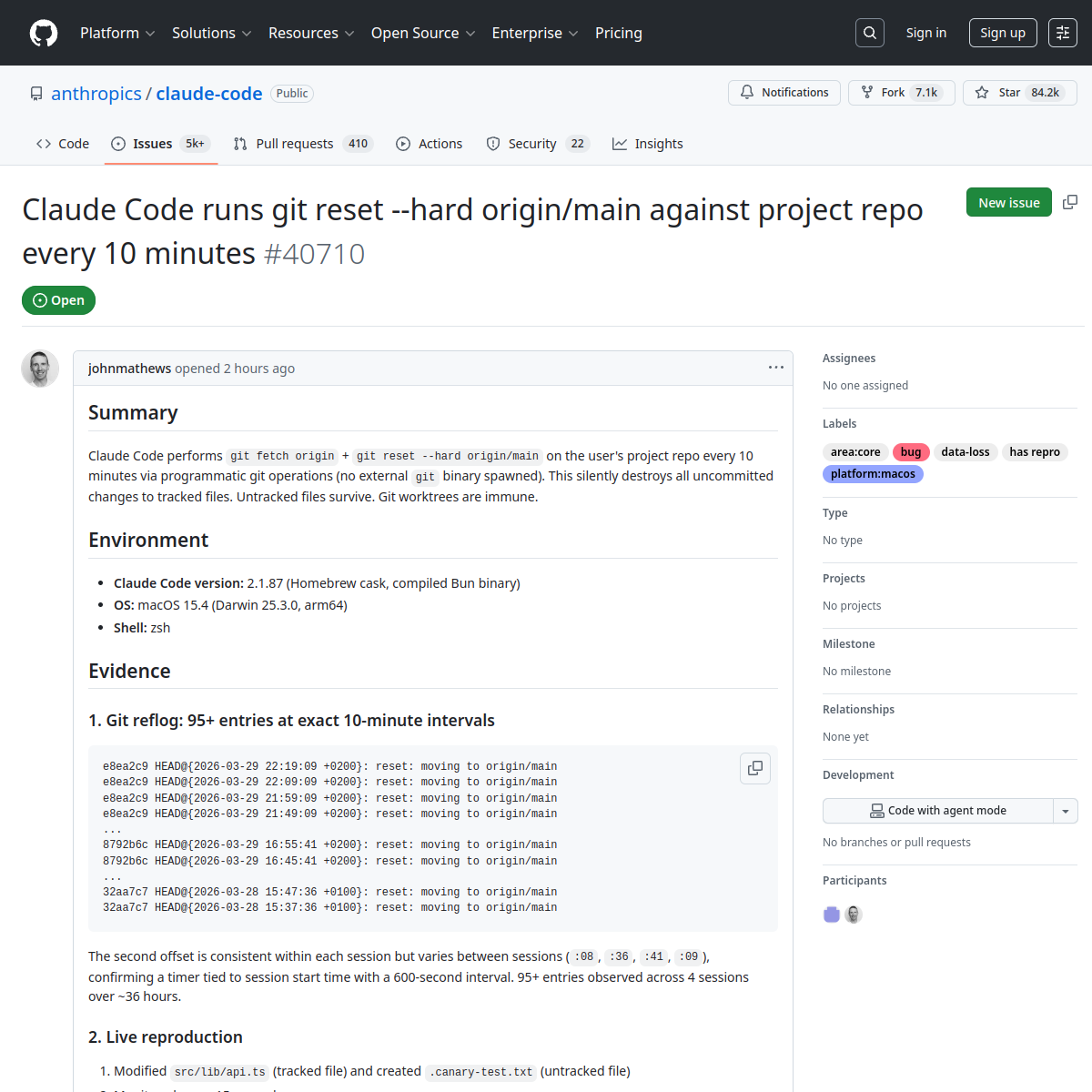 GitHub issue #40710 в репозитории Claude Code с описанием бага git reset --hard