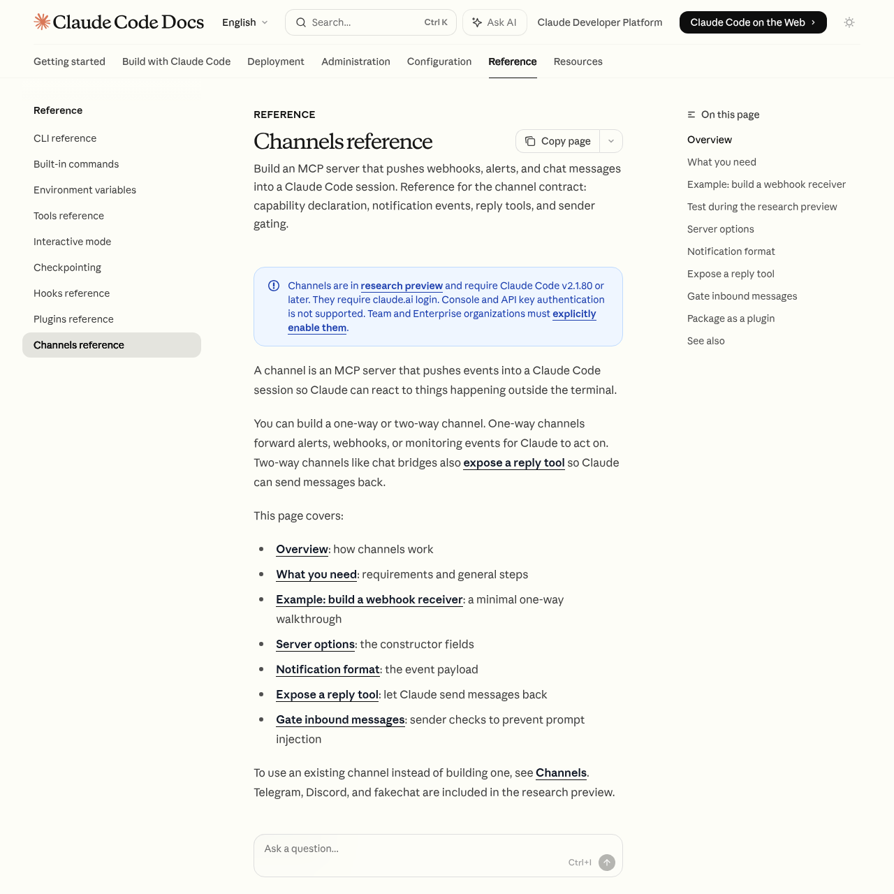 Документация Claude Code Channels на code.claude.com