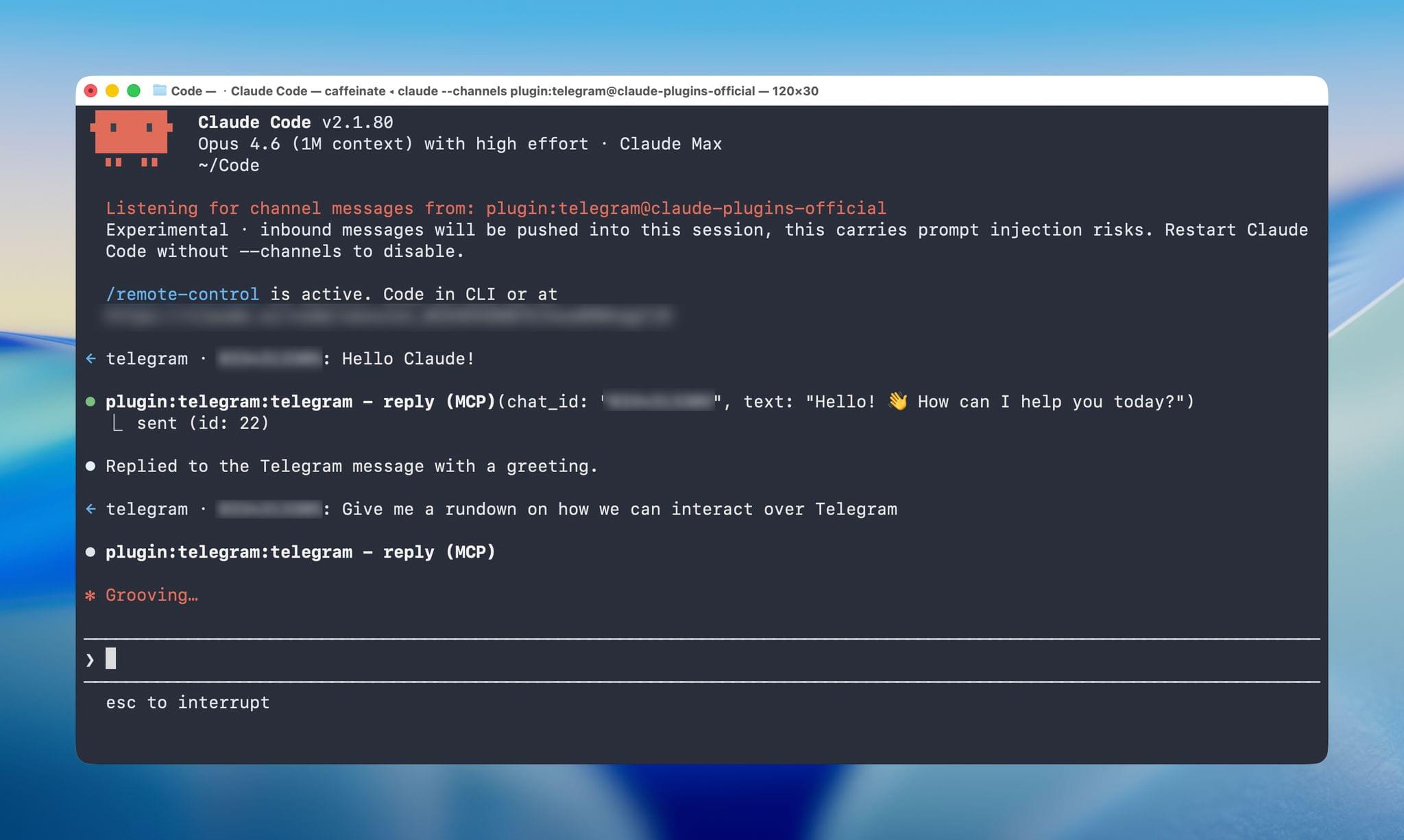 Скриншот Claude Code Channels в работе — интеграция с Telegram