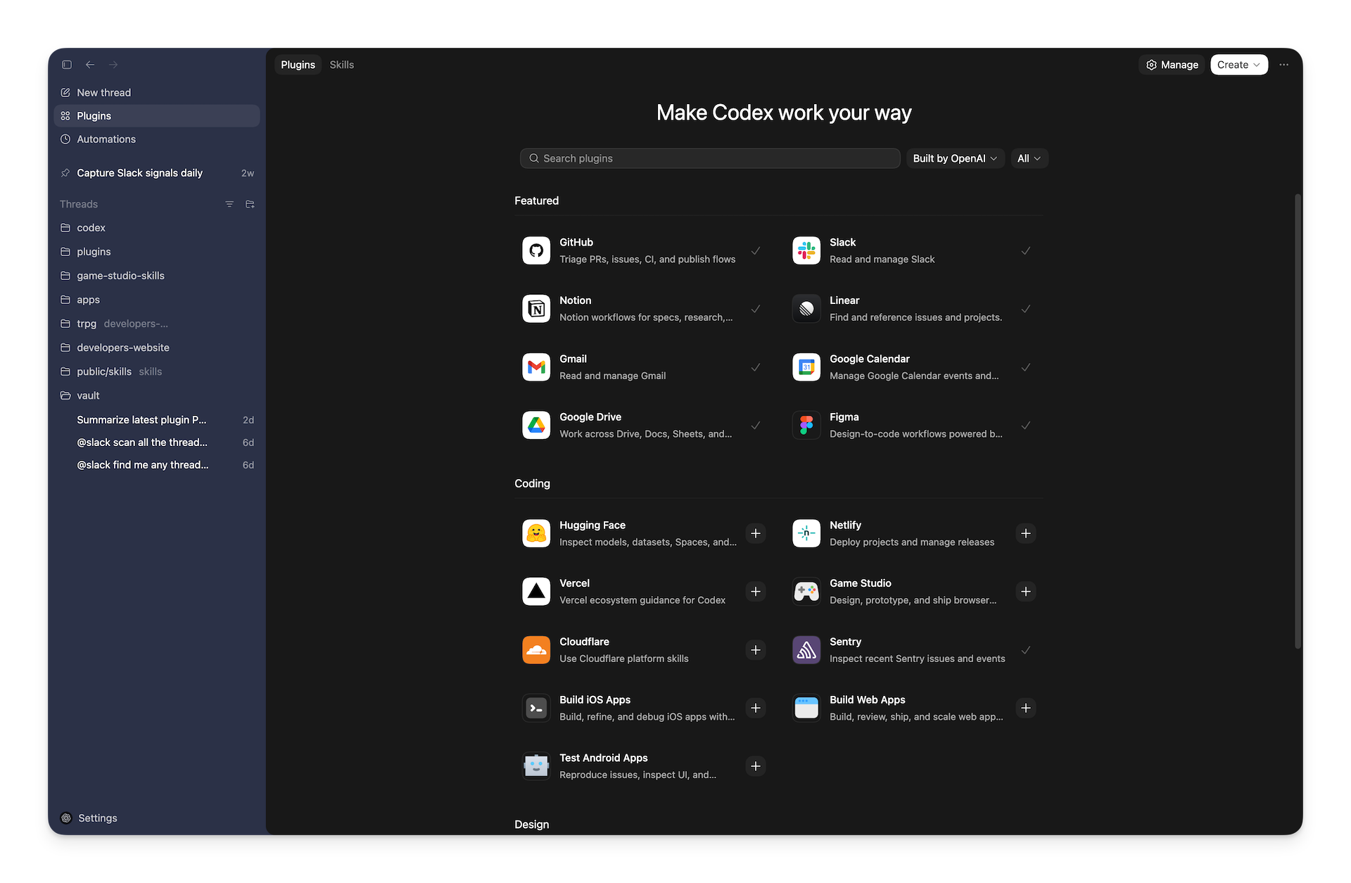 Каталог плагинов OpenAI Codex с интеграциями Slack, Figma, Notion и другими сервисами