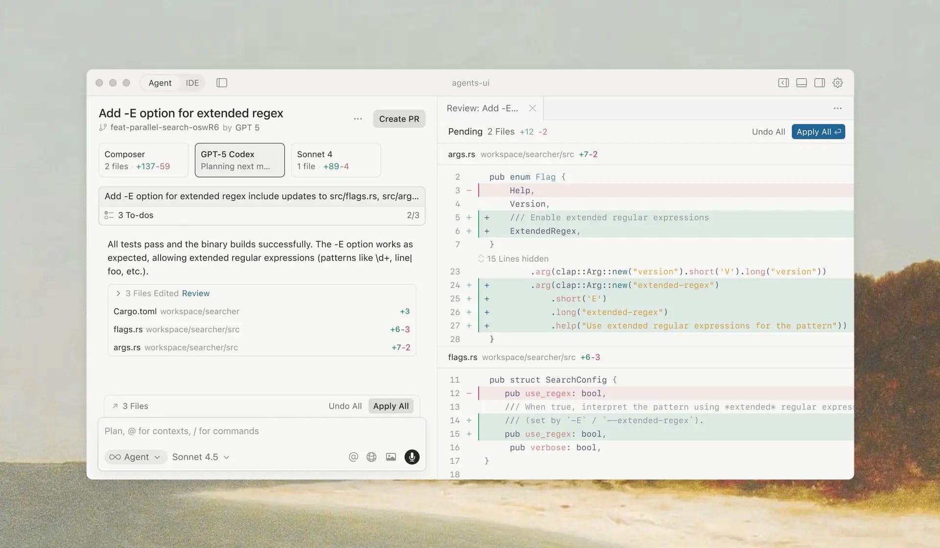 Интерфейс Cursor IDE с агентным режимом Composer — AI-кодер выполняет многошаговые задачи