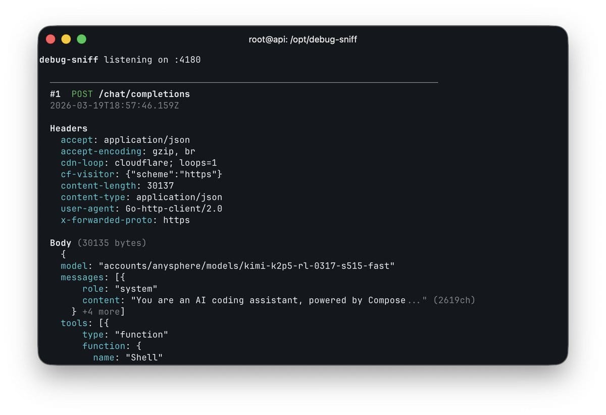 Скриншот поста на X с идентификатором модели Kimi K2.5 в API Cursor Composer 2