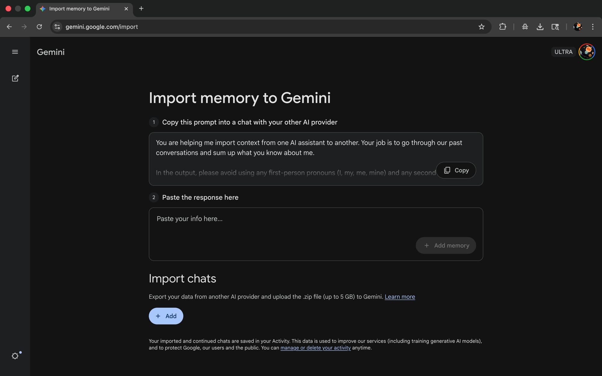 Интерфейс импорта памяти и чатов в Google Gemini из ChatGPT и Claude