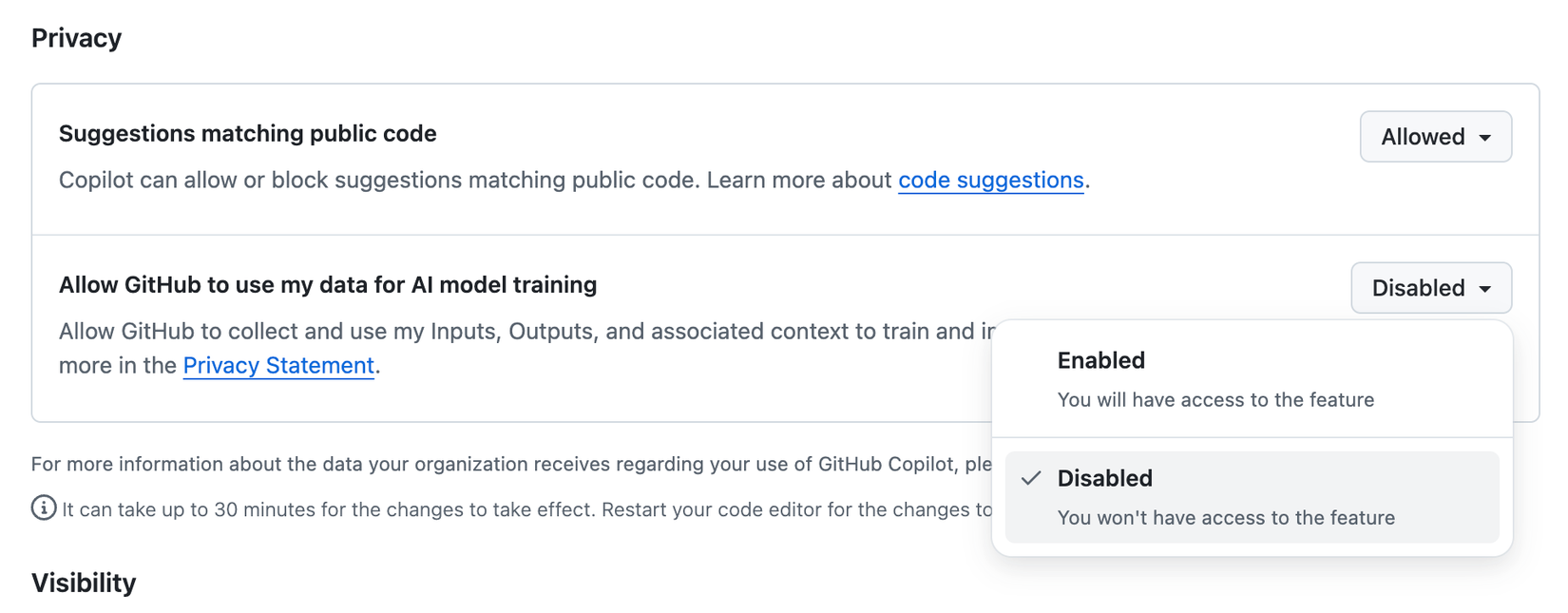 Настройки приватности GitHub Copilot с переключателем сбора данных для обучения ИИ