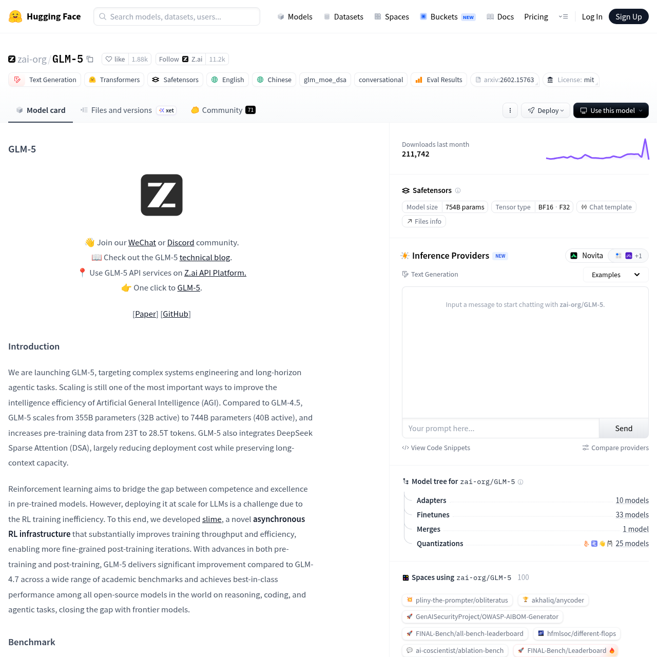 Страница модели GLM-5 на Hugging Face с бенчмарками