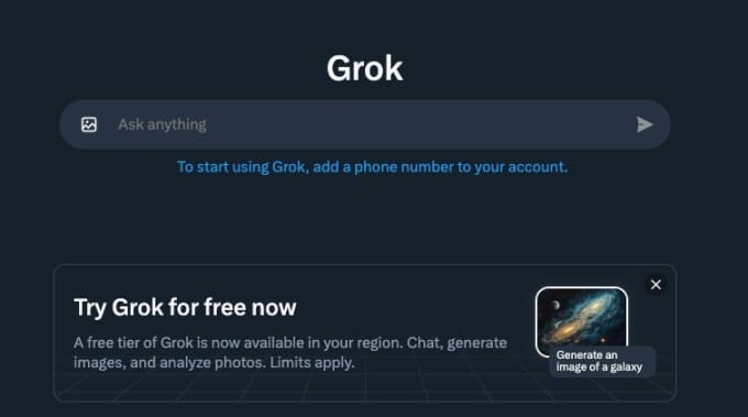 Интерфейс Grok — бесплатная версия чат-бота