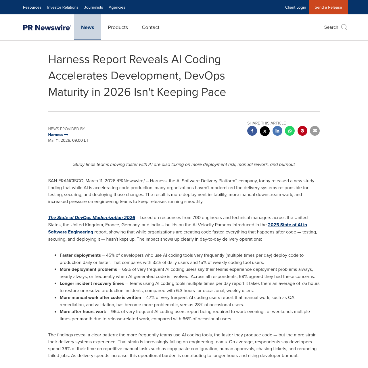 Отчёт Harness State of DevOps Modernization 2026 — влияние ИИ на рабочие процессы разработчиков
