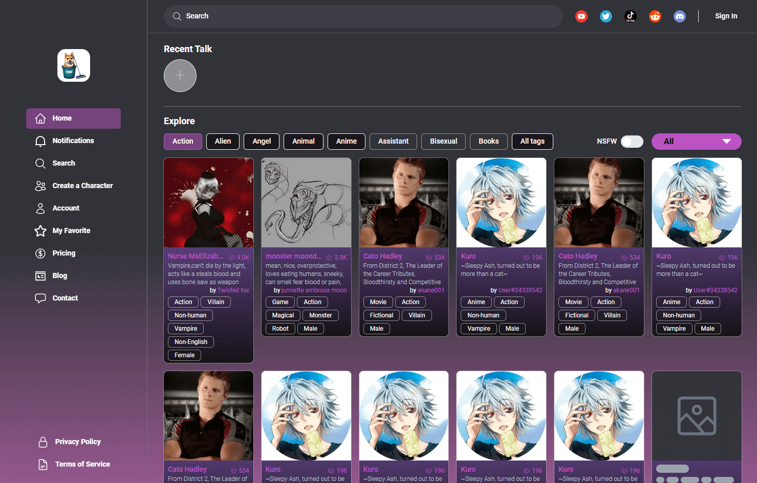 Интерфейс Janitor AI с каталогом персонажей