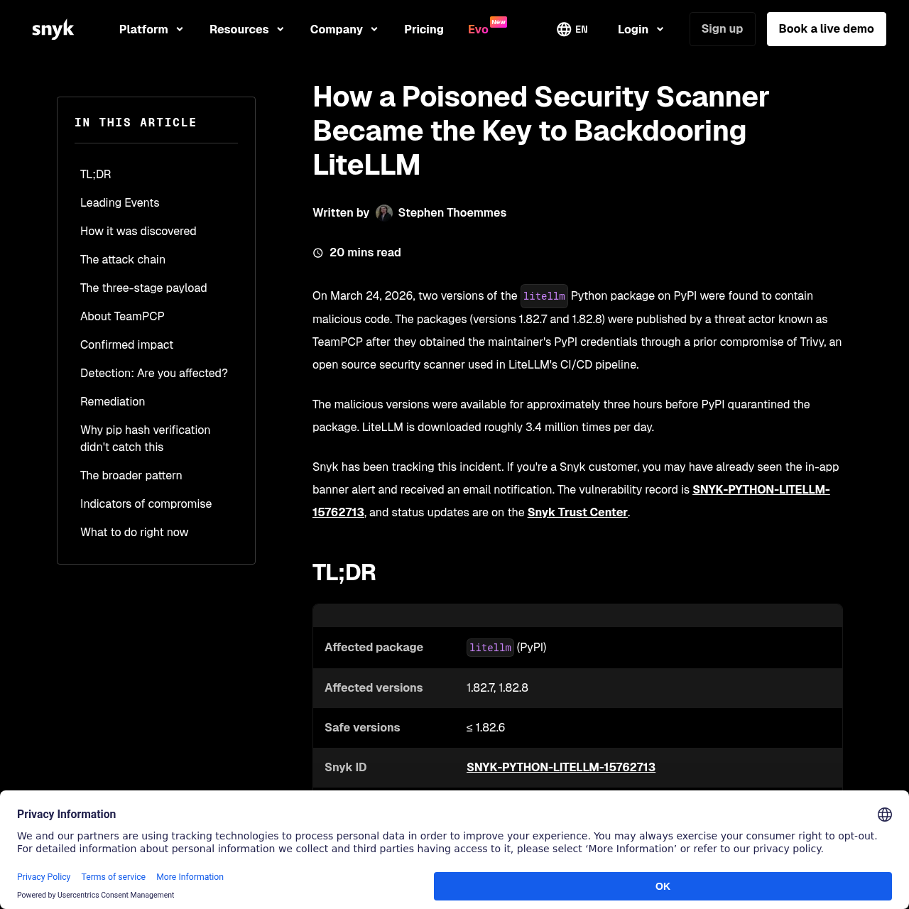 Статья Snyk о supply chain атаке на LiteLLM через PyPI