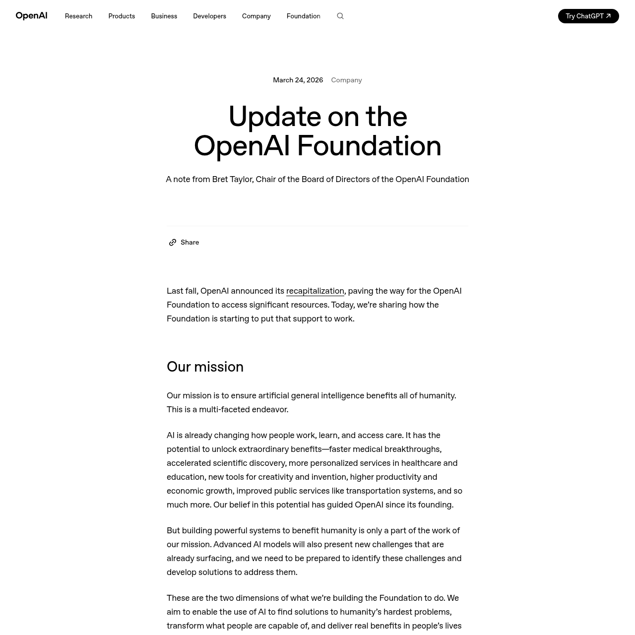 Страница анонса OpenAI Foundation от 24 марта 2026 года