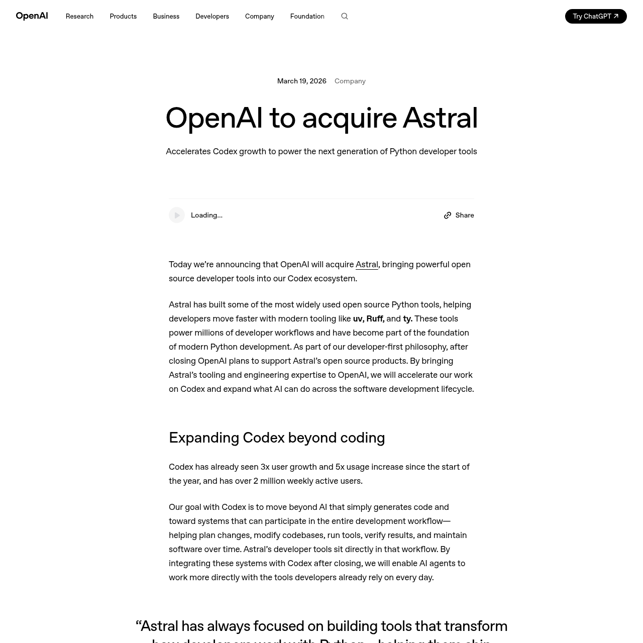 Страница анонса на openai.com: OpenAI to acquire Astral