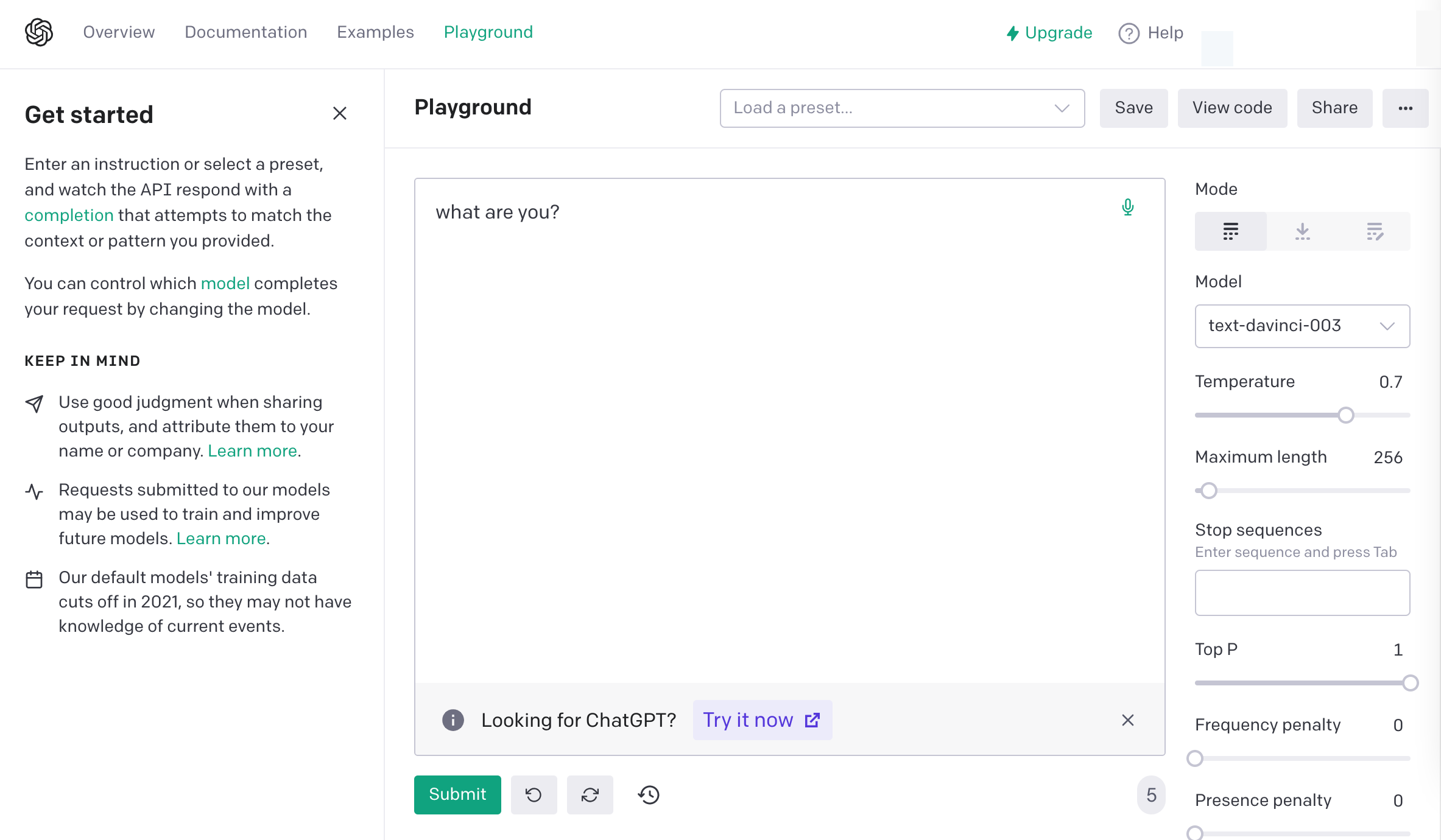 OpenAI Playground — интерфейс для тестирования API моделей