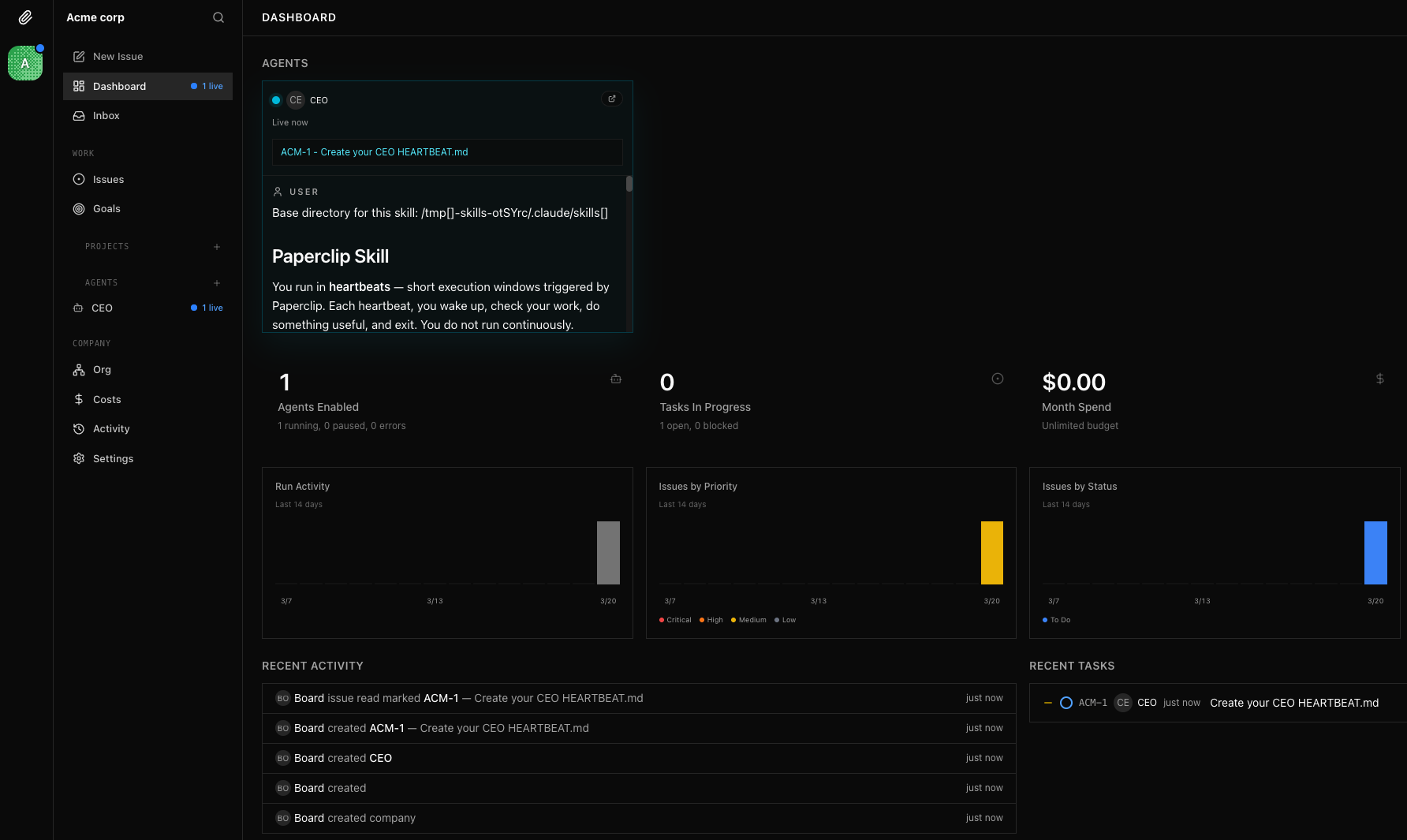 Дашборд Paperclip с задачами и статусами агентов