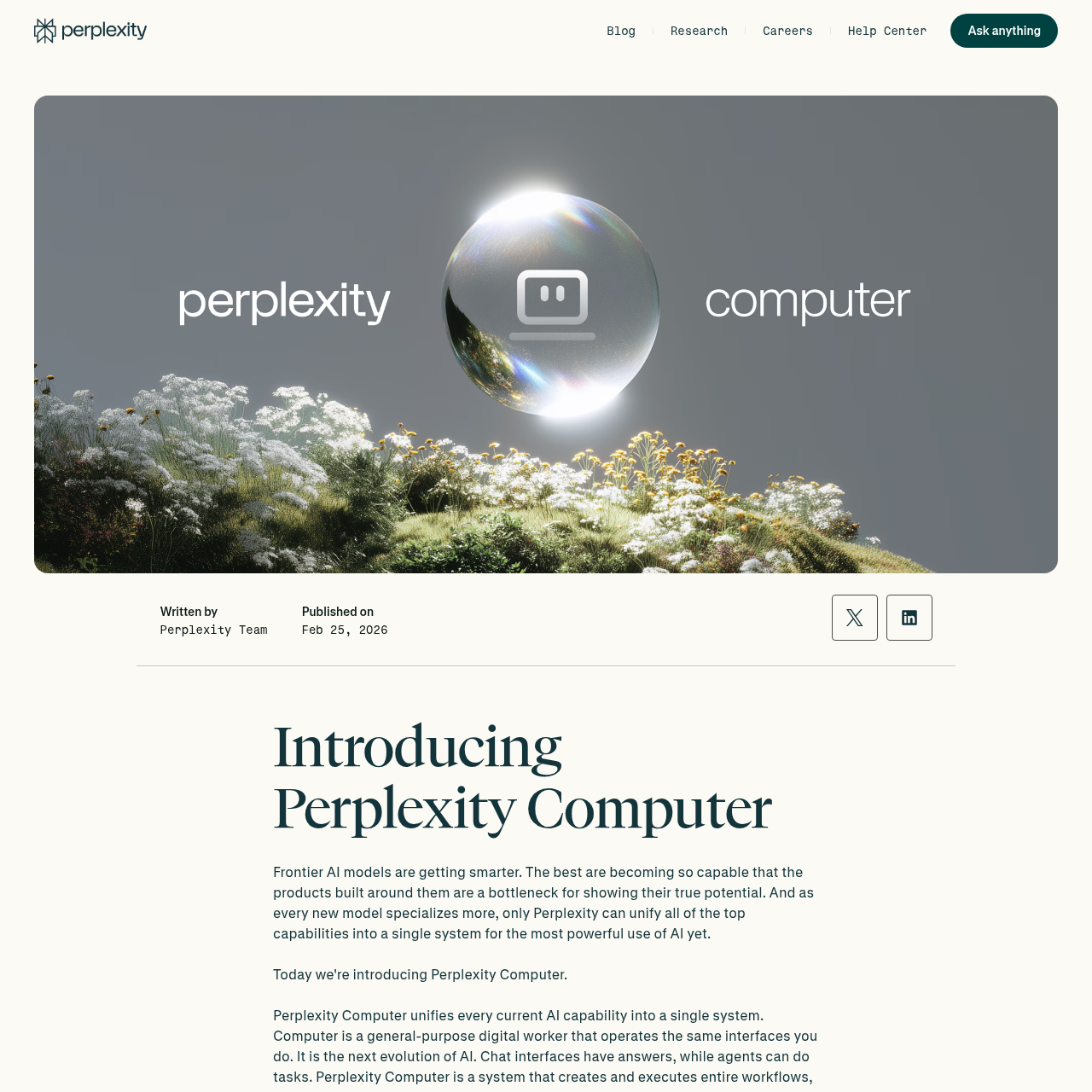 Официальная страница анонса Perplexity Computer