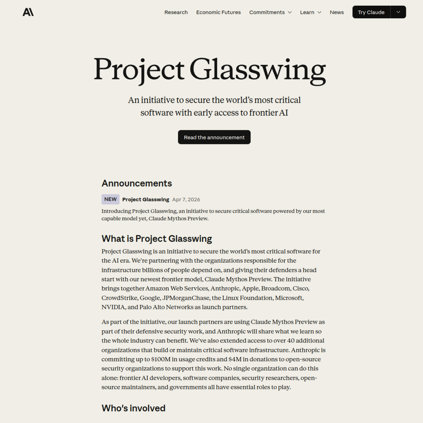Скриншот страницы Anthropic Project Glasswing с описанием программы и даты запуска