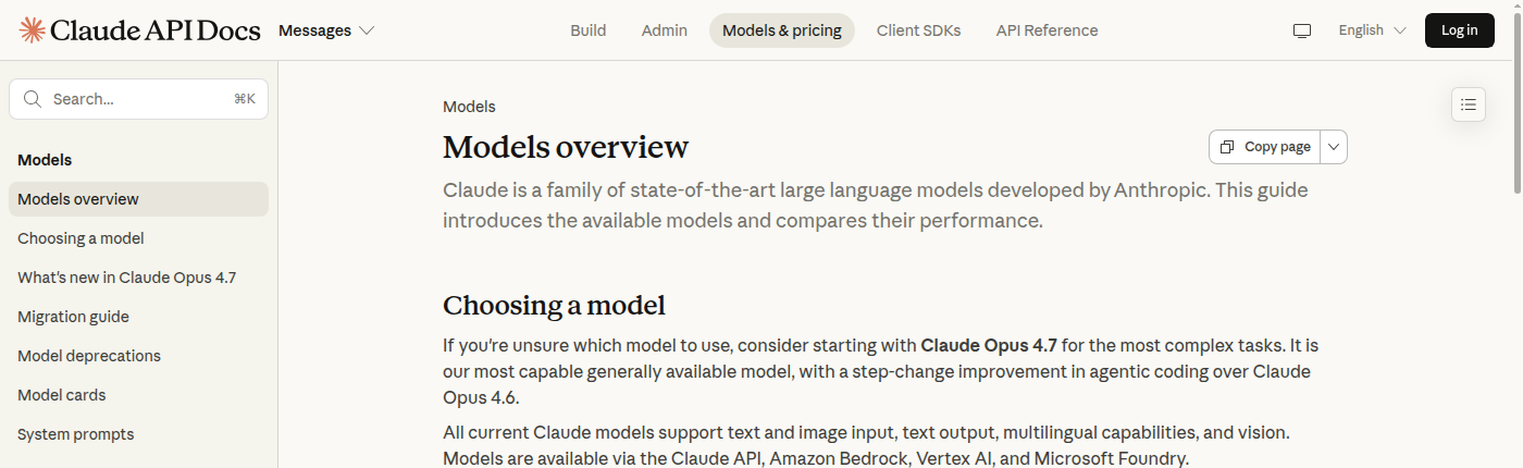 Скриншот официальной страницы Claude API Docs с выбором моделей Claude Opus 4.7 и Sonnet 4.6