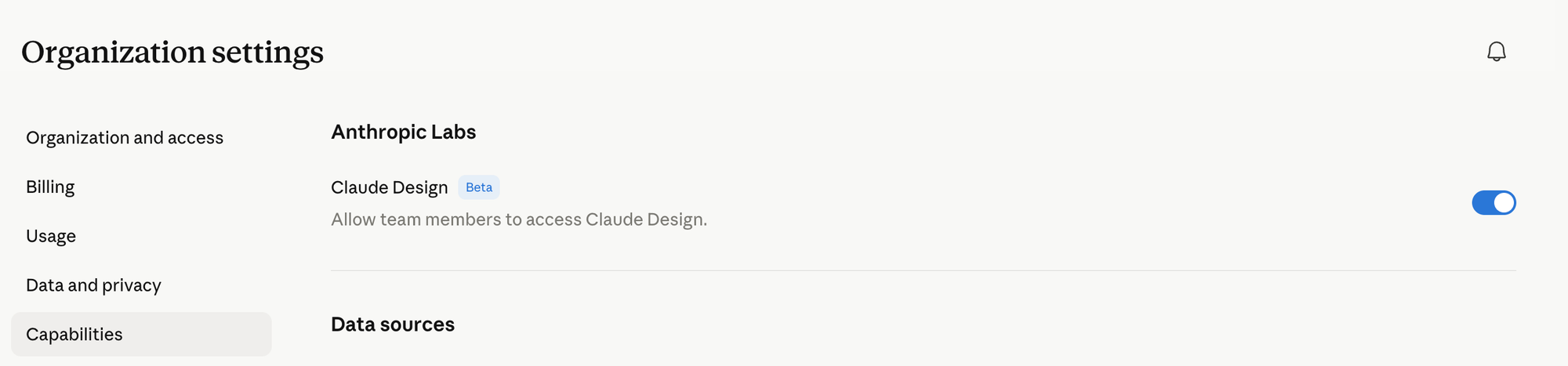 Переключатель Claude Design Beta в настройках организации Anthropic Labs