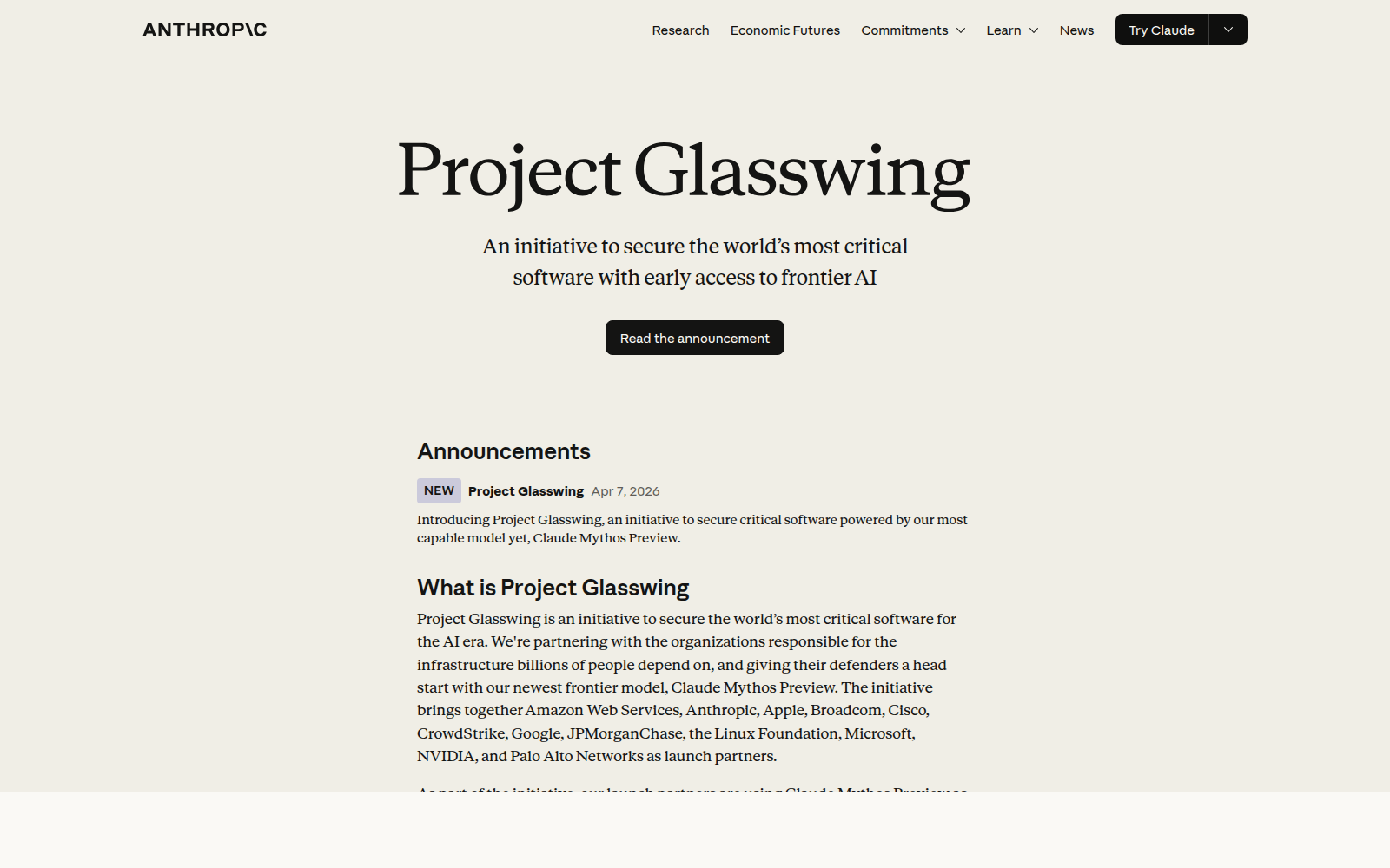 Страница Anthropic Project Glasswing с описанием доступа к Claude Mythos Preview