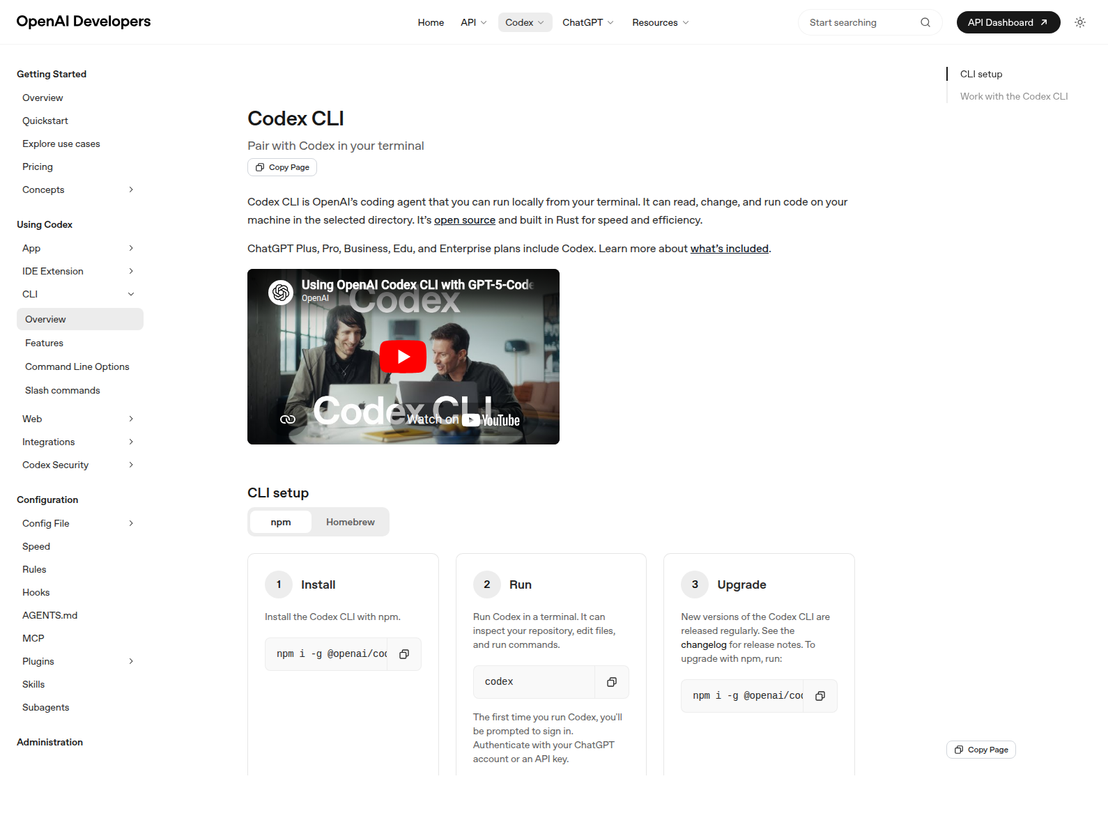 Скриншот документации Codex CLI с описанием входа через аккаунт ChatGPT или API key
