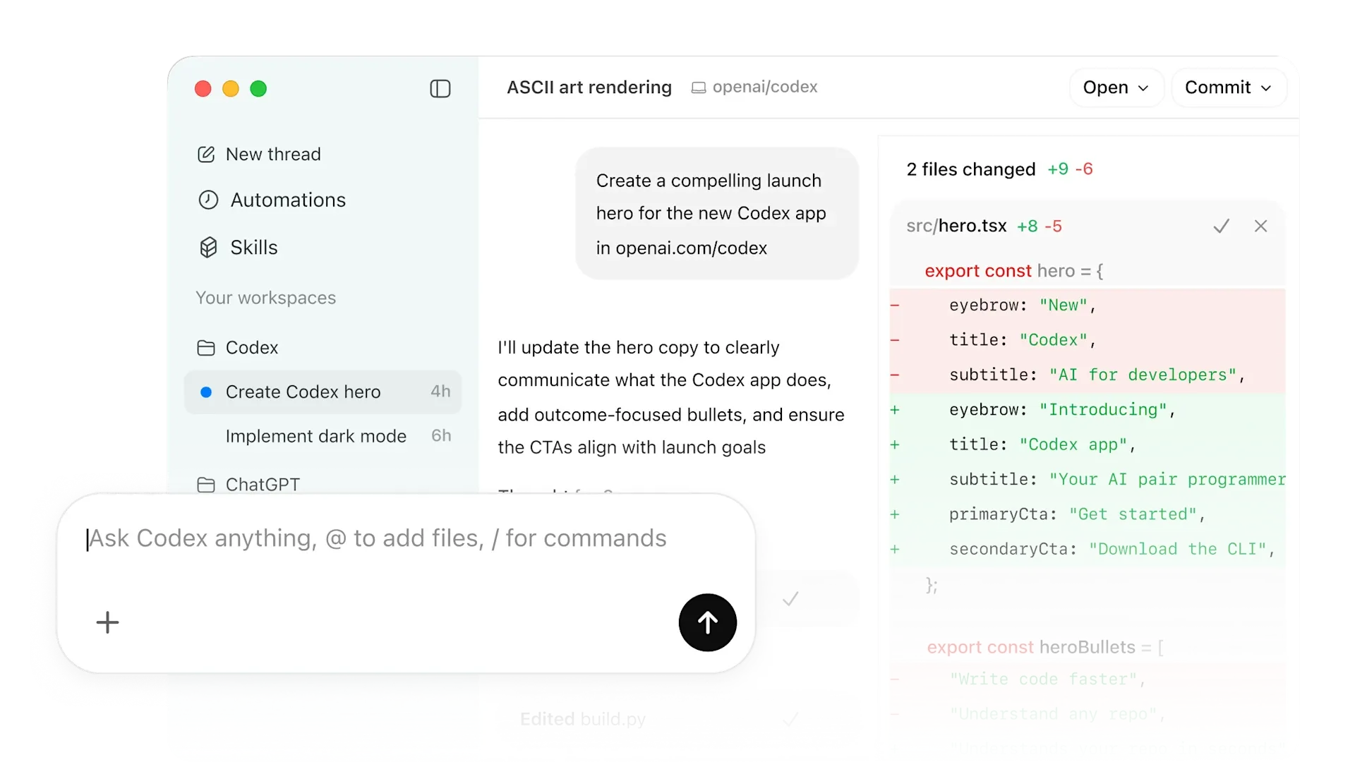 Официальный интерфейс OpenAI Codex с задачей, диффом и агентной строкой ввода