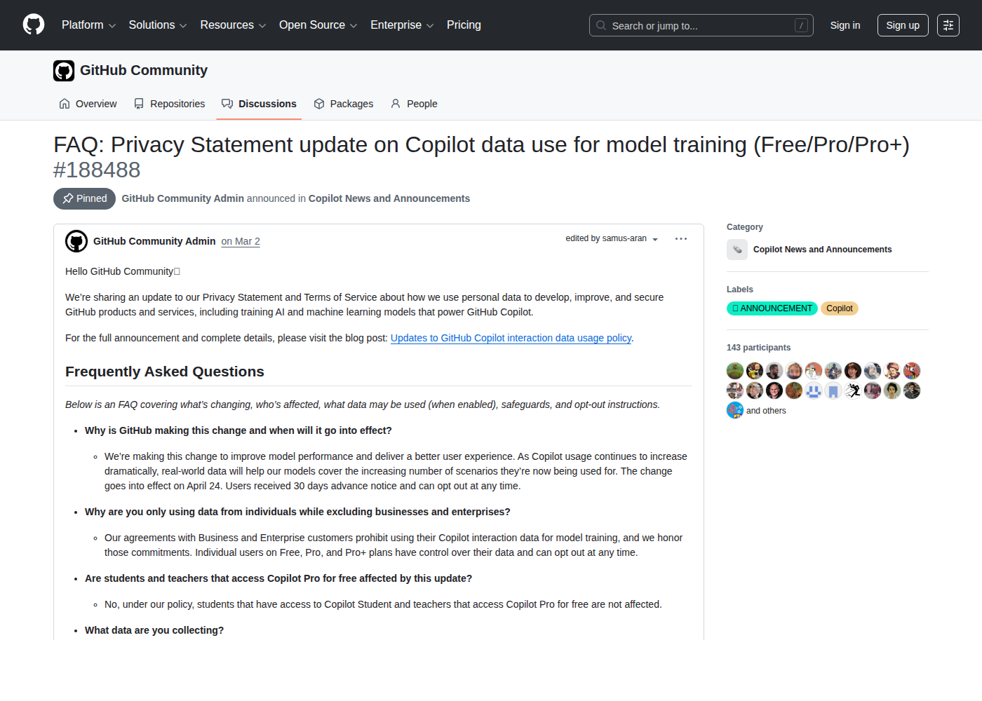 GitHub Community FAQ про обновление политики Copilot для Free Pro и Pro Plus