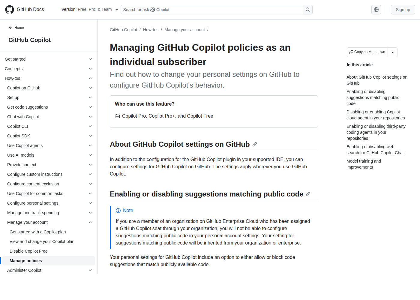 GitHub Docs страница управления политиками Copilot для индивидуальной подписки