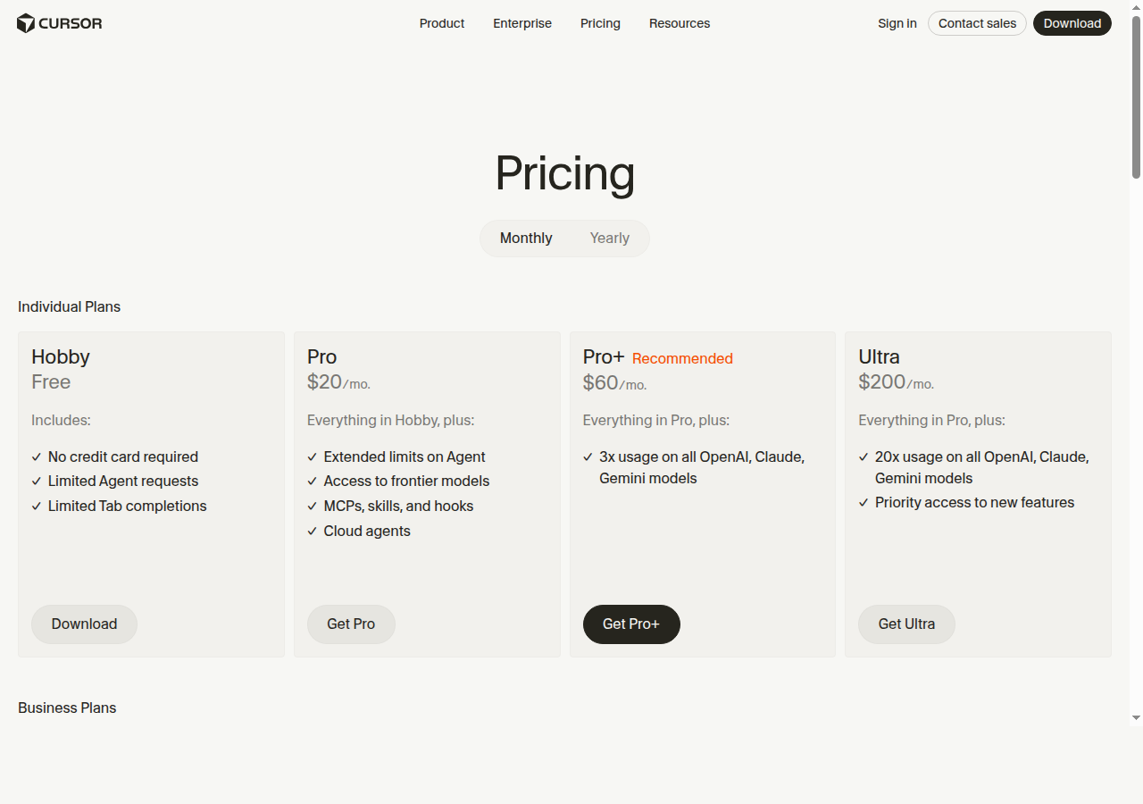 Тарифы Cursor Pro, Pro Plus и Ultra на странице pricing