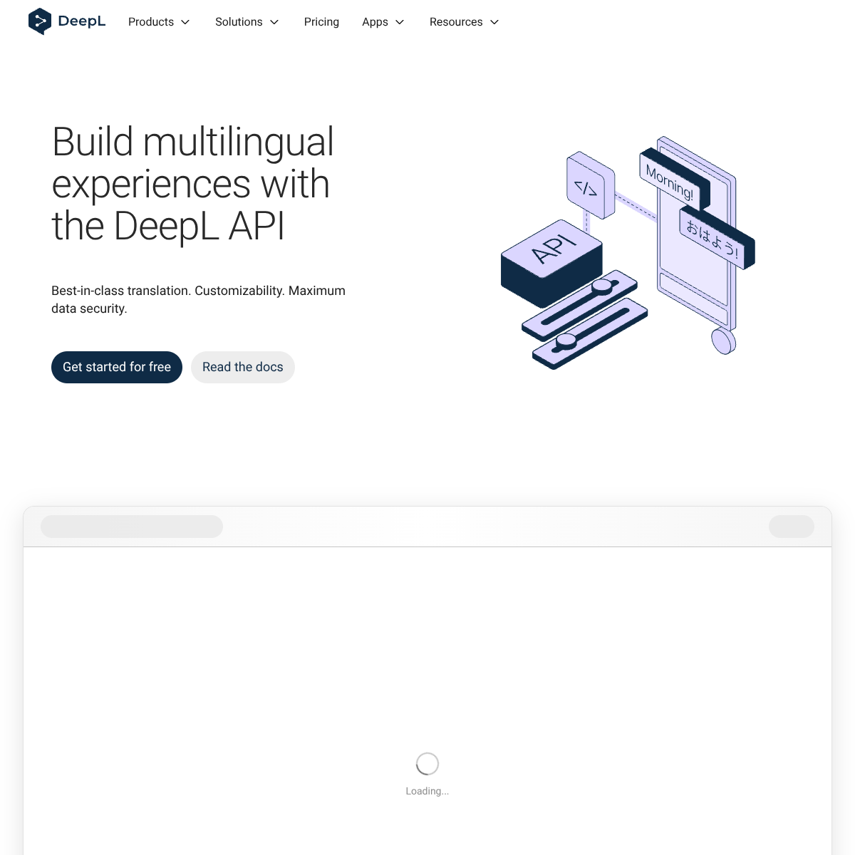 Страница DeepL API с акцентом на multilingual experiences и API-интеграции