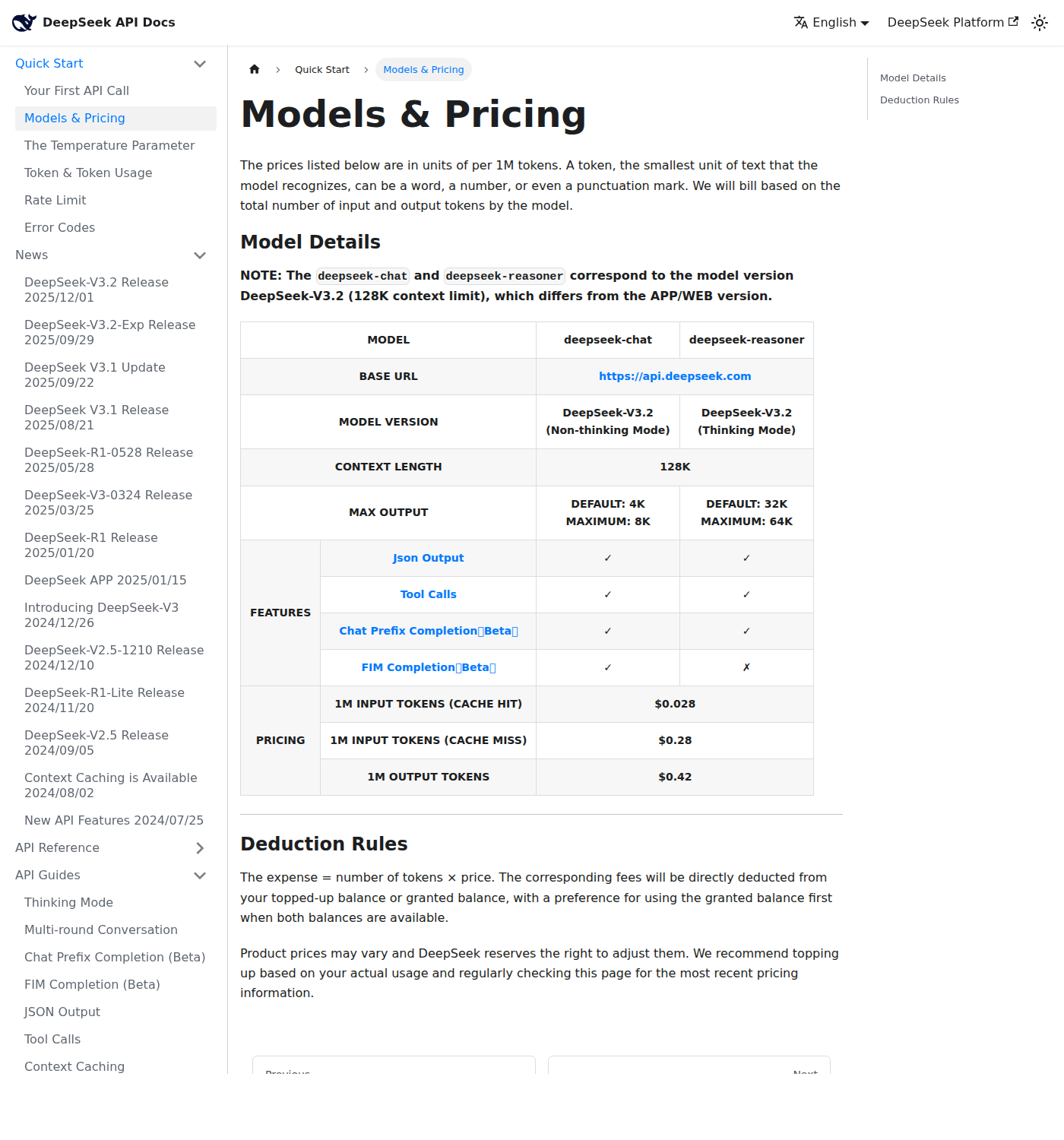 Скриншот официальной страницы DeepSeek API Docs с таблицей моделей и цен