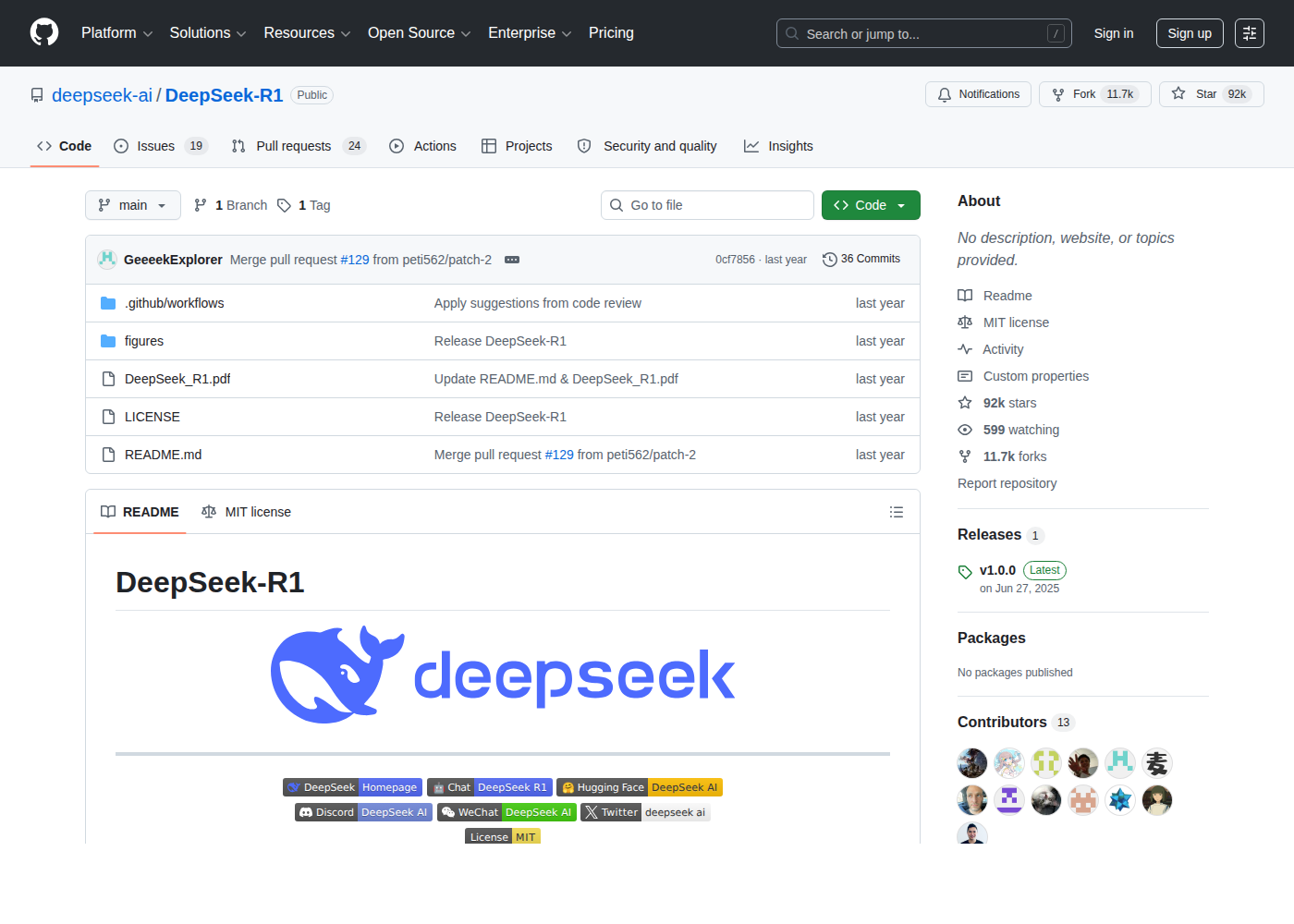 Скриншот репозитория deepseek-ai DeepSeek-R1 на GitHub