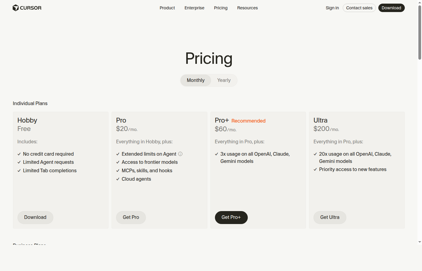 Скриншот официальной страницы Cursor Pricing с бесплатным тарифом Hobby