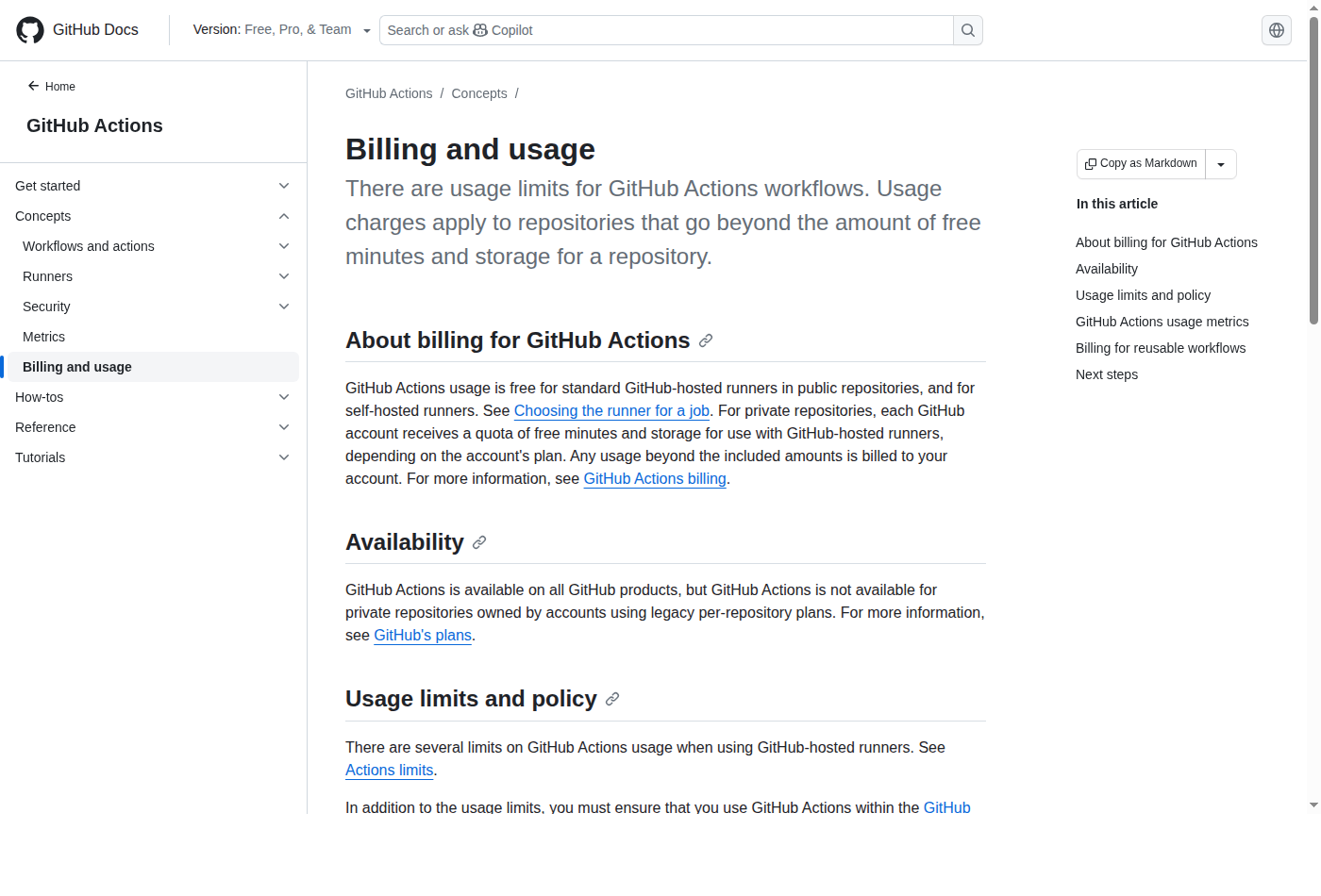 Скриншот документации GitHub Actions Billing and usage про бесплатные runner minutes