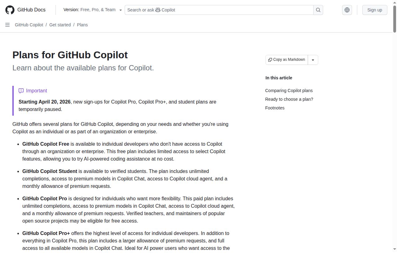 Страница GitHub Docs с планами GitHub Copilot и предупреждением о временной паузе регистраций