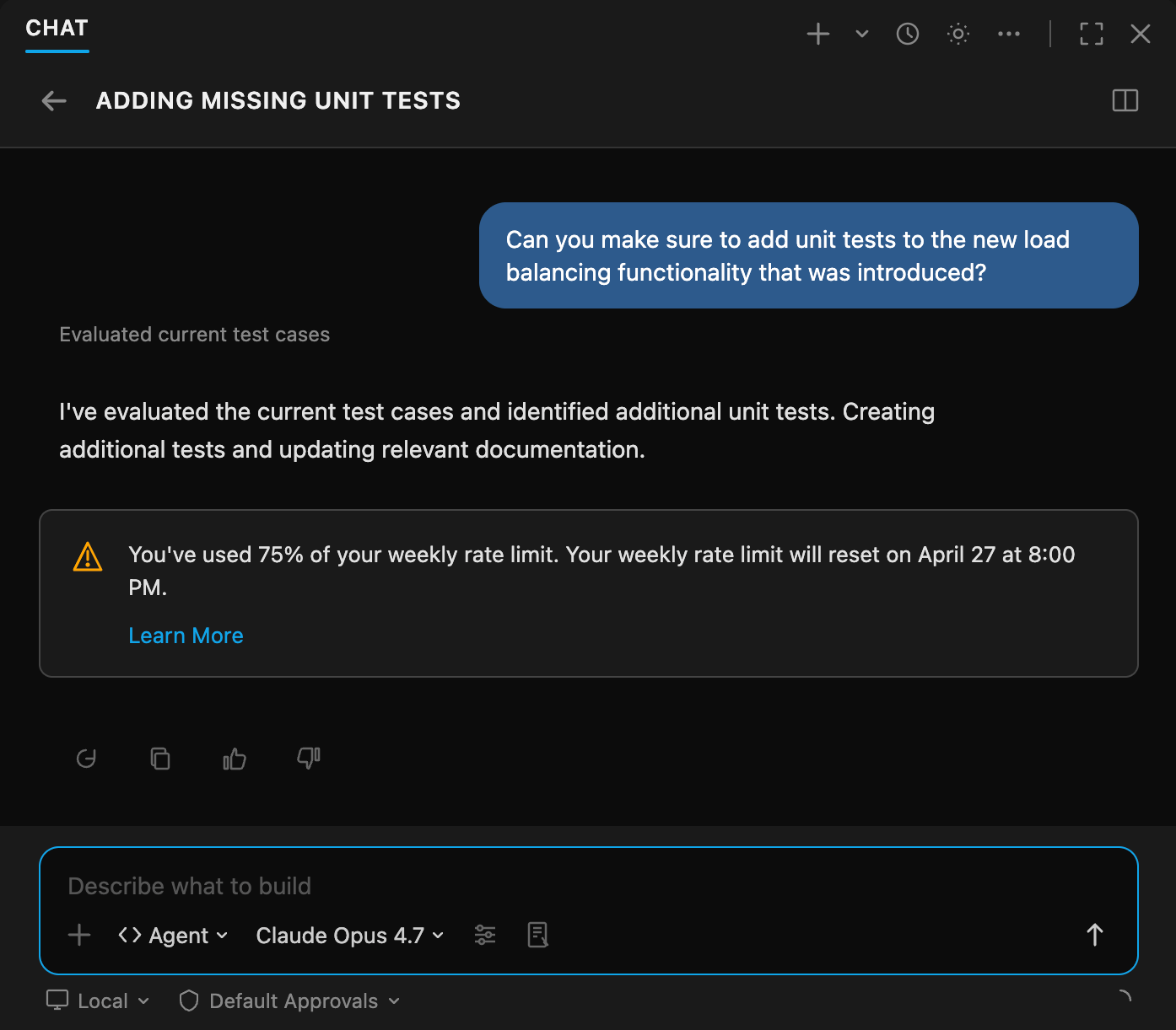Официальный скриншот GitHub Copilot в VS Code с предупреждением о 75 процентах недельного лимита