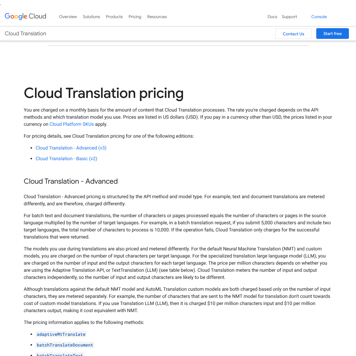 Страница Cloud Translation pricing в Google Cloud с описанием цен на перевод