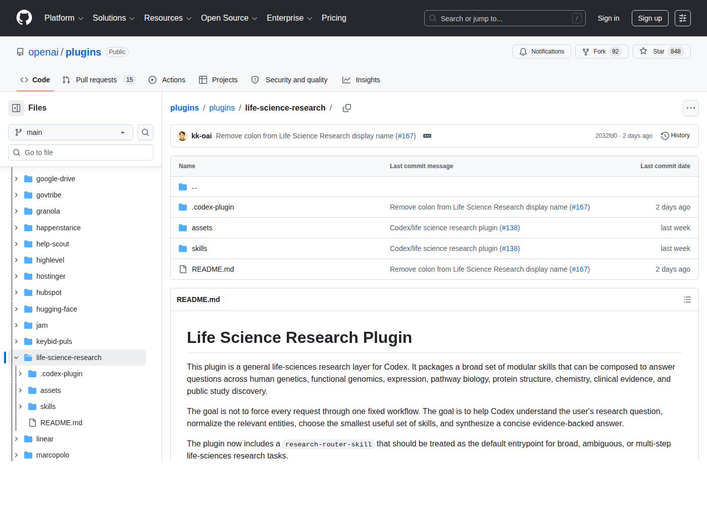Скриншот официального GitHub-репозитория OpenAI с Life Science Research Plugin для Codex
