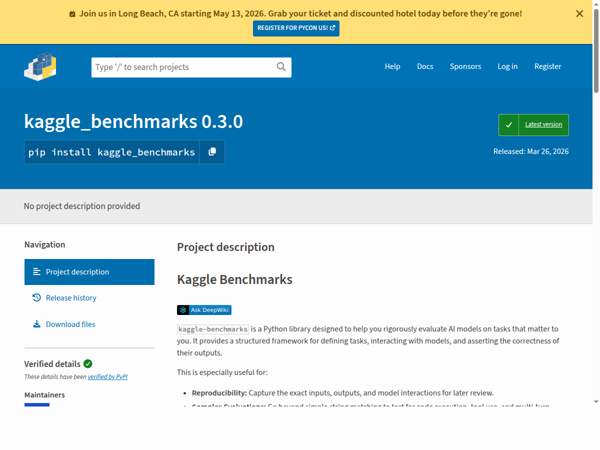 Страница PyPI с пакетом kaggle_benchmarks 0.3.0