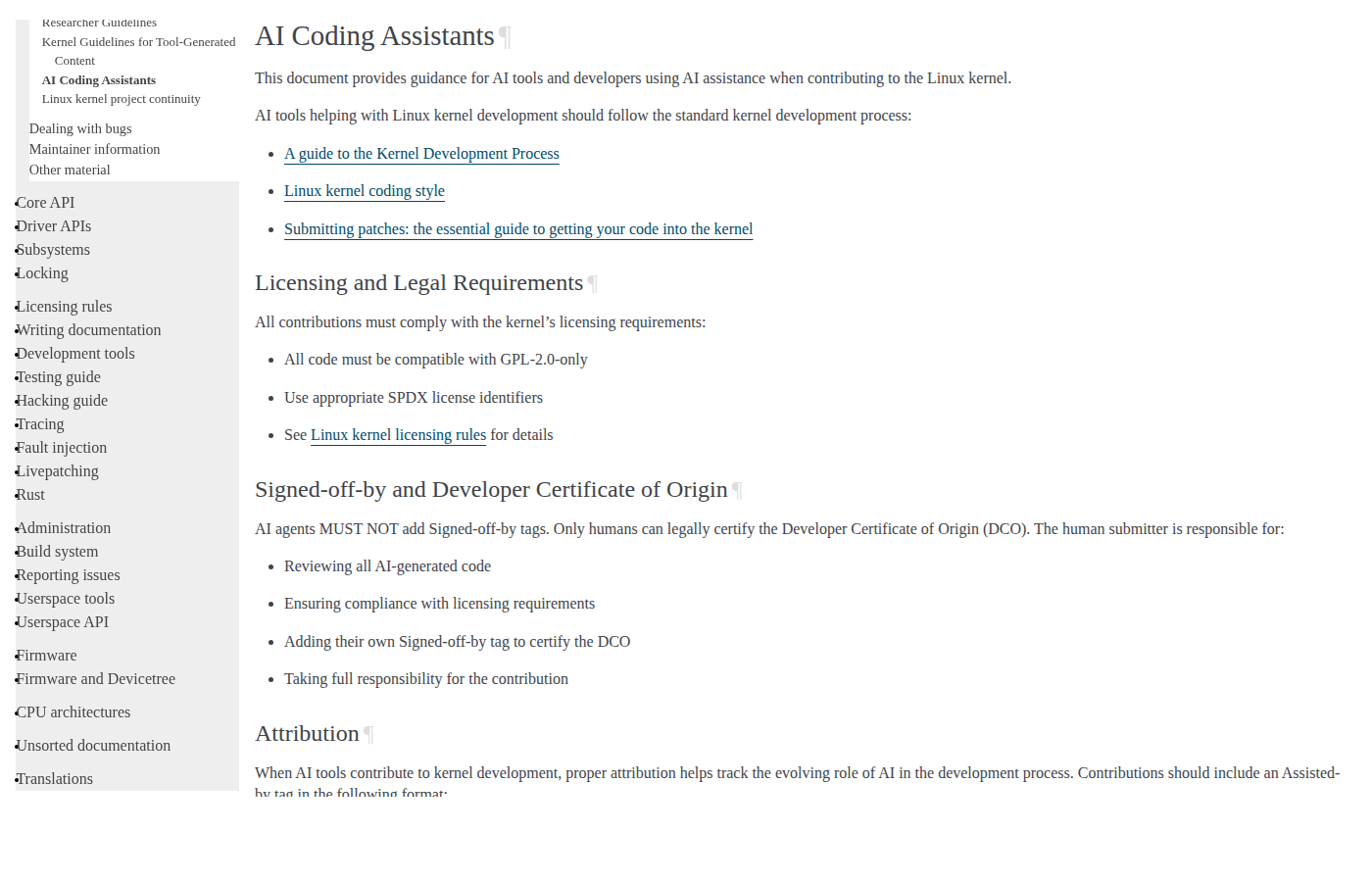 Документация Linux Kernel AI Coding Assistants с правилами Signed-off-by и DCO