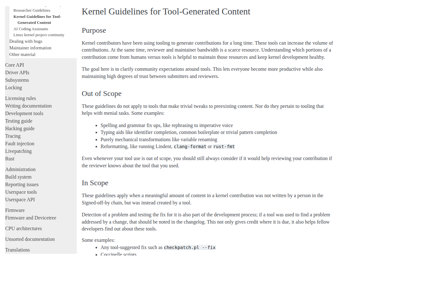 Документ Kernel Guidelines for Tool-Generated Content в документации Linux