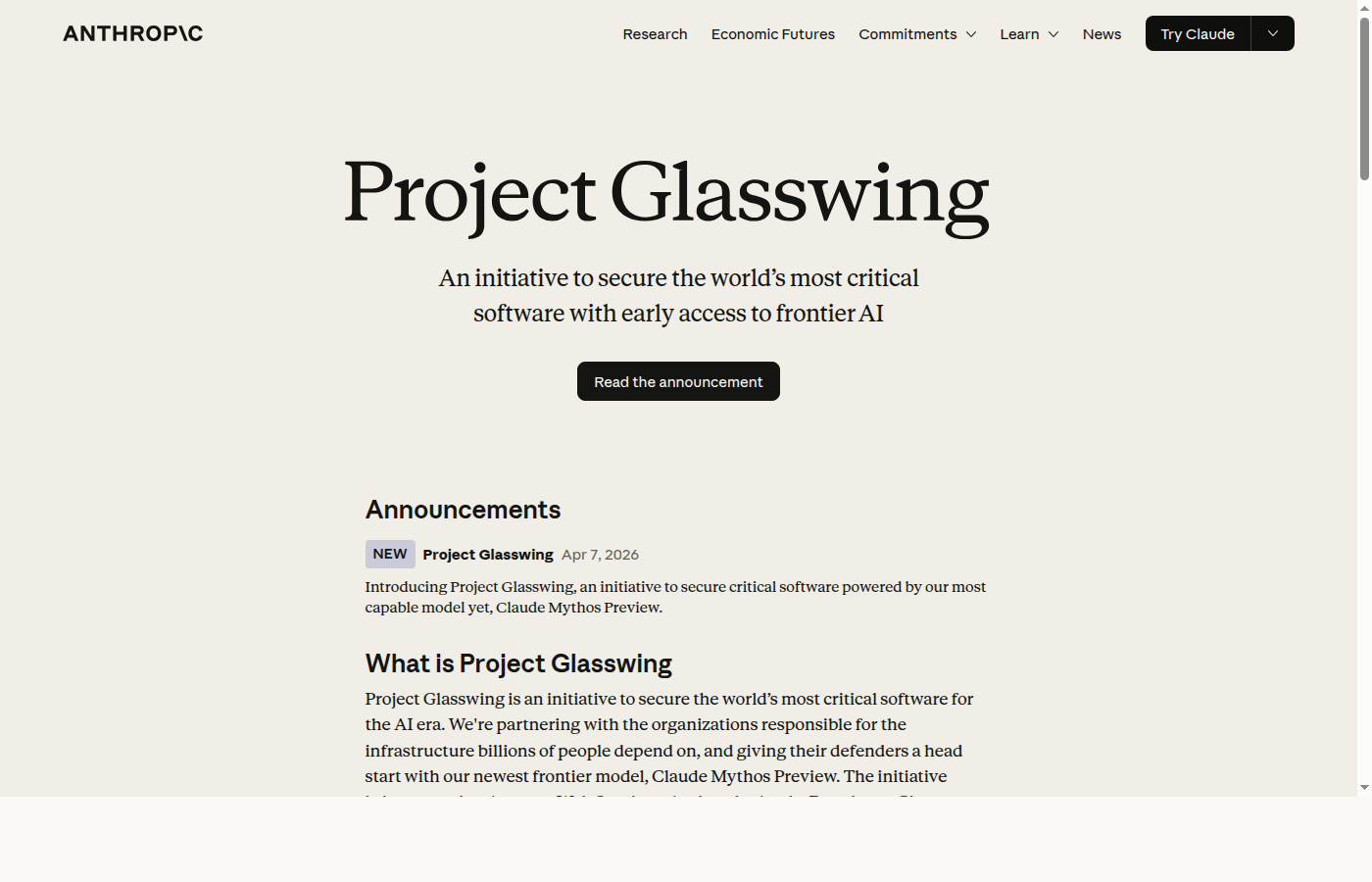 Скриншот официальной страницы Anthropic Project Glasswing с описанием Claude Mythos Preview