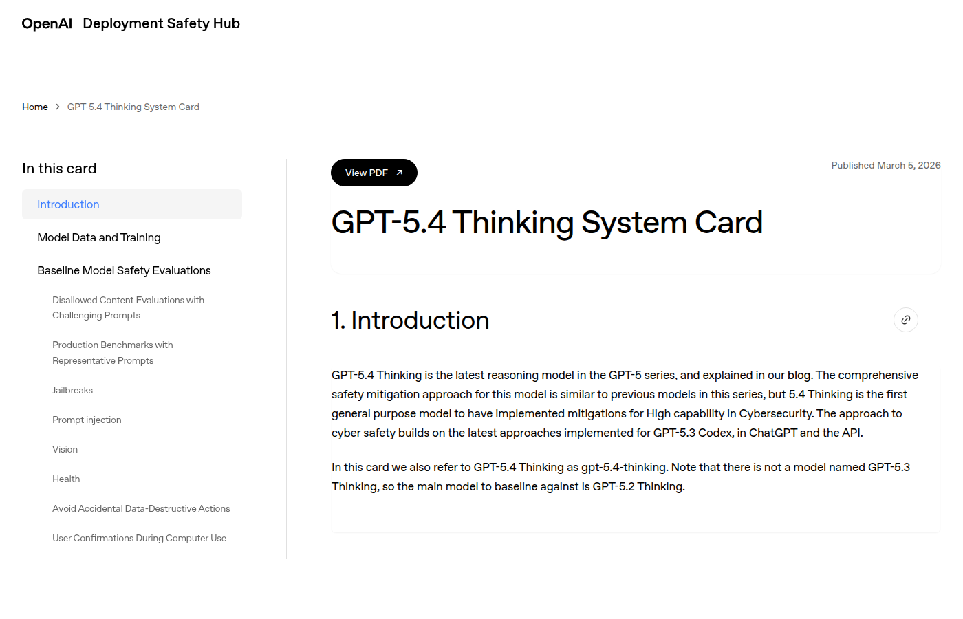 Скриншот официальной страницы OpenAI Deployment Safety Hub с системной картой GPT-5.4 Thinking и контуром доверенного доступа