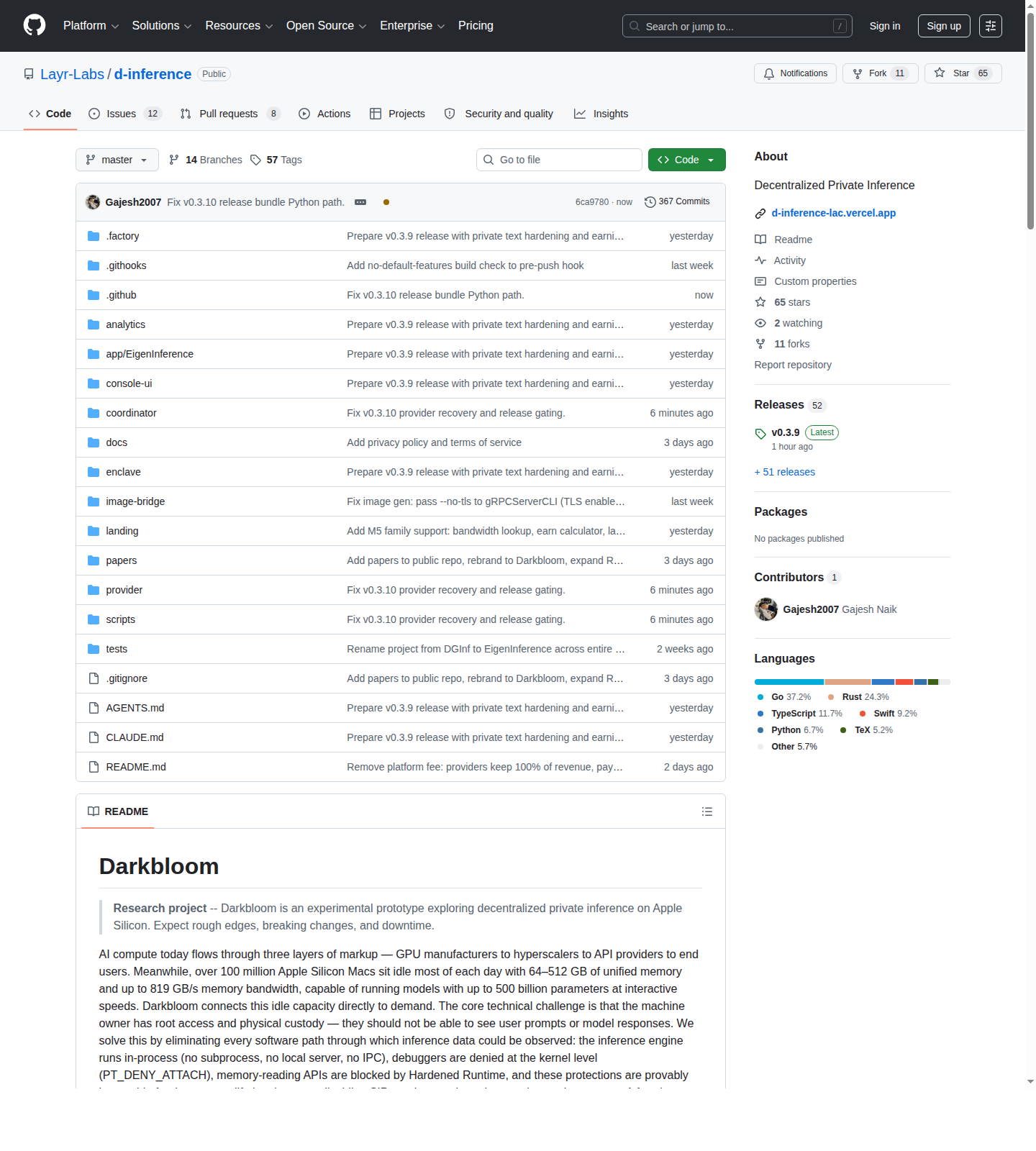 Репозиторий d-inference Eigen Labs на GitHub с README Darkbloom