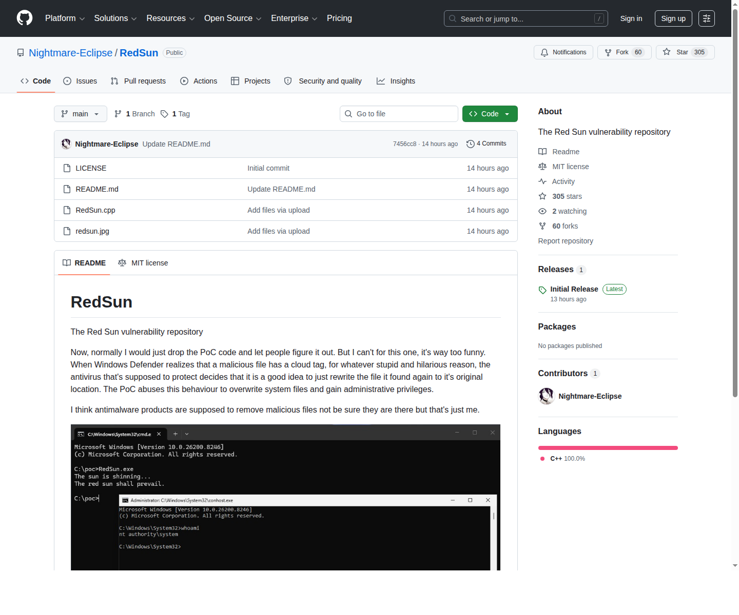Репозиторий RedSun на GitHub с описанием PoC для Windows Defender