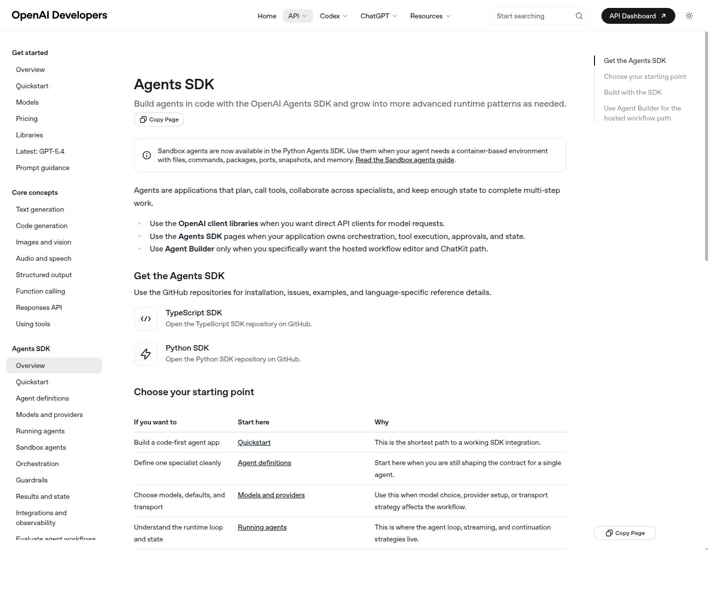 Страница OpenAI Developers с обзором Agents SDK и ссылкой на Sandbox agents