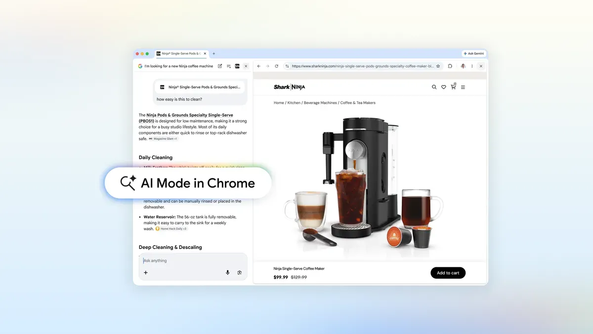Официальный скриншот Google AI Mode в Chrome с боковой панелью рядом с открытой веб-страницей