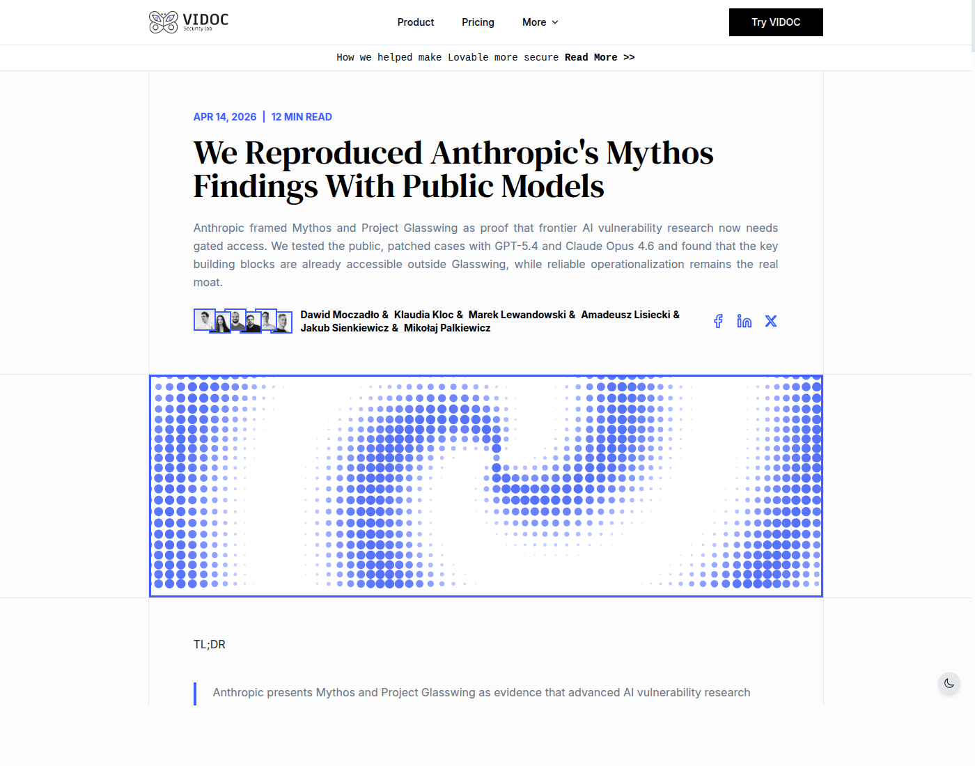 Скриншот статьи Vidoc Security Lab о репликации находок Mythos публичными моделями