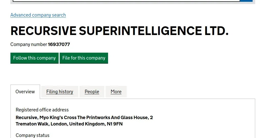 Карточка Recursive Superintelligence Ltd в Companies House с номером компании 16937077