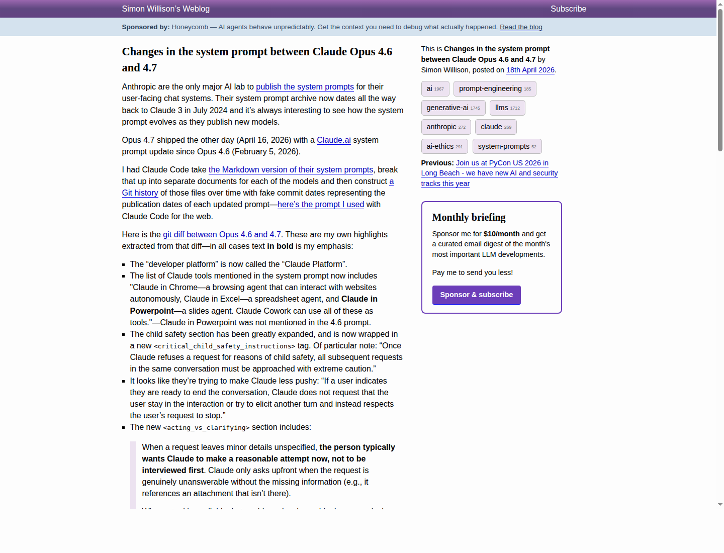 Скриншот разбора Simon Willison изменений системного промпта Claude Opus 4.7