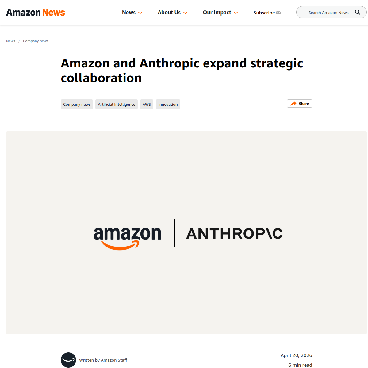 Скриншот About Amazon с заголовком об инвестиции Amazon в Anthropic и расширении сотрудничества